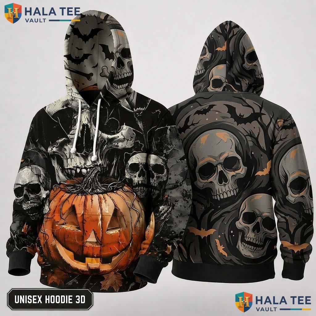Floral Skull Pumpkin 3D Hoodie Spooky Artistic Graphic Halloween Top