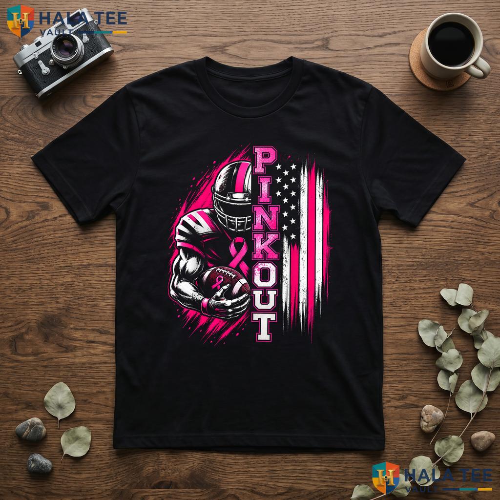 Football Pink Out Ribbon Tee Breast Cancer US Flag Mens Womens Top Adult