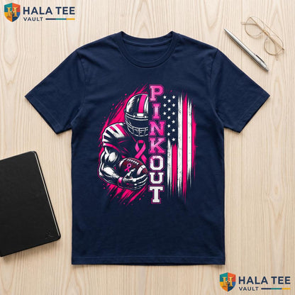 Football Pink Out Ribbon Tee Breast Cancer US Flag Mens Womens Top Adult