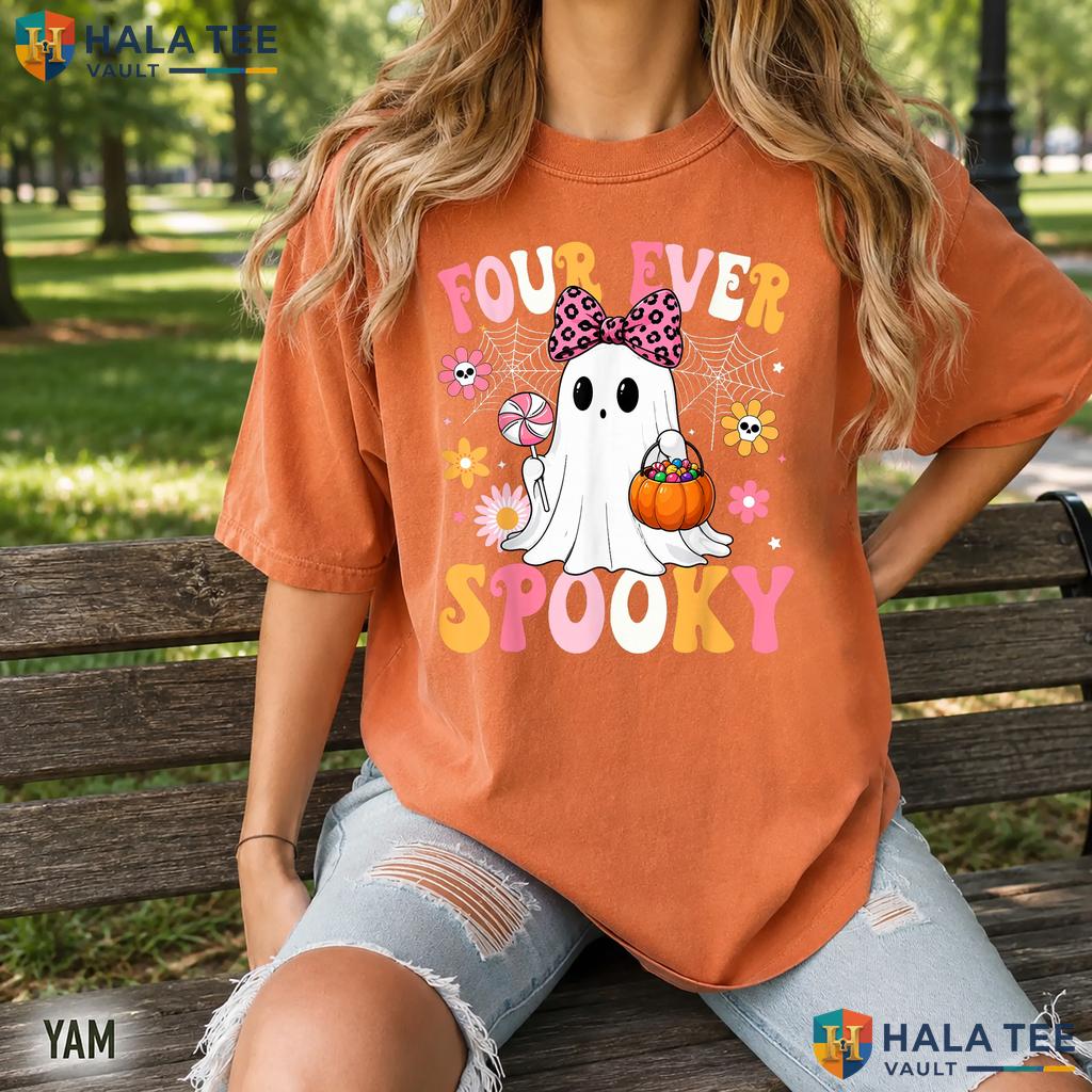 Four Ever Spooky Birthday Retro Style T-Shirt Ghost Party Apparel