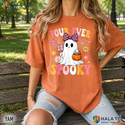 Four Ever Spooky Birthday Retro Style T-Shirt Ghost Party Apparel