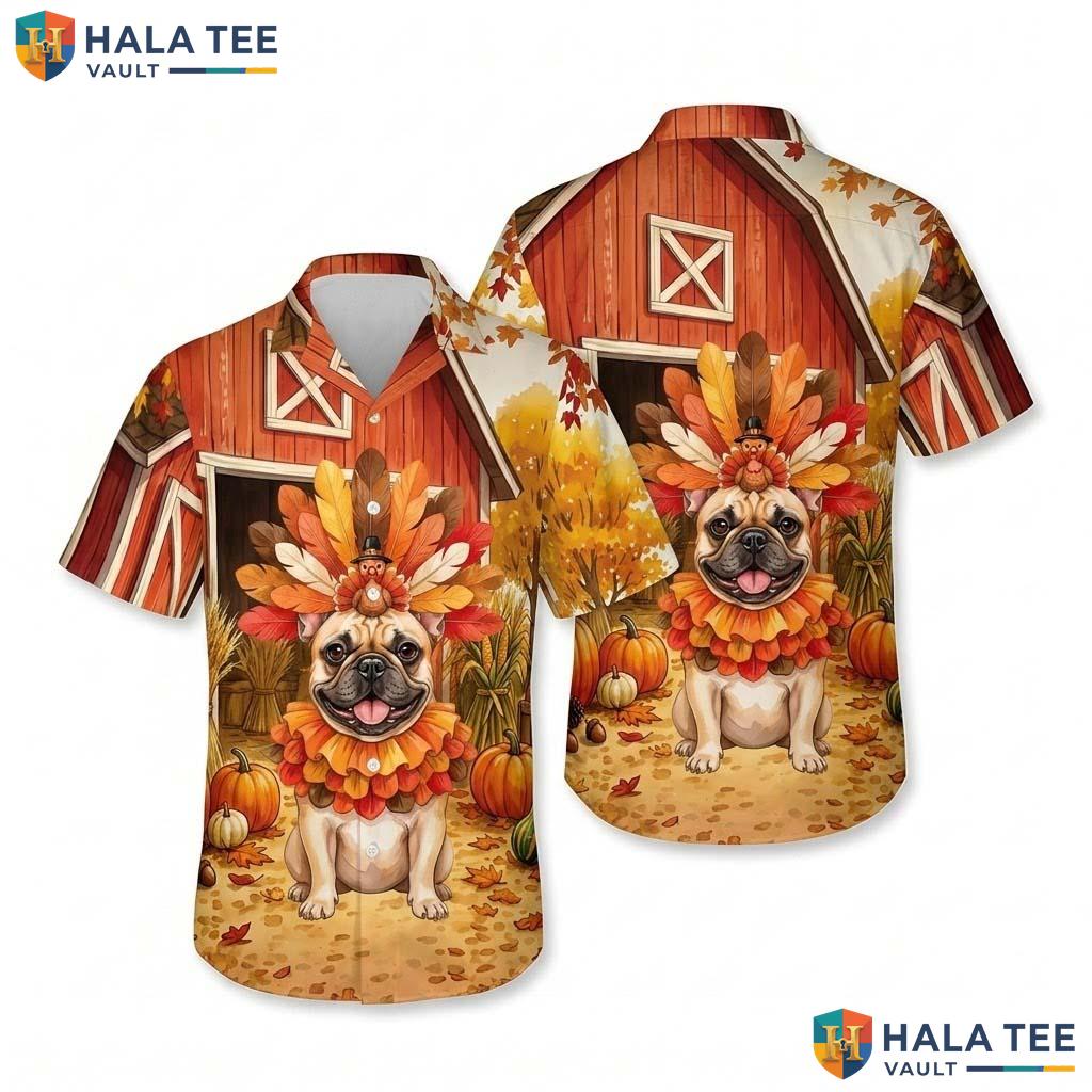 French Bulldog Thanksgiving Hawaiian Shirt Turkey Costume Fall Scene