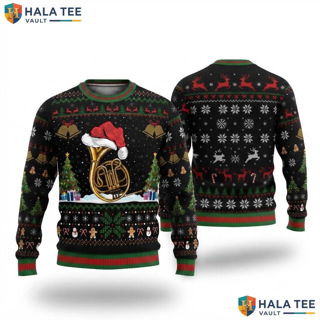French Horn Instrument Ugly Christmas Sweater Santa Lights Holiday