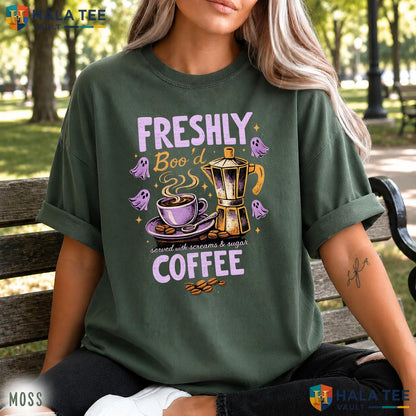 Freshly Bood Coffee Comfort Colors T Shirt Cute Ghost Skeleton Halloween Top Vintage Washed Tee