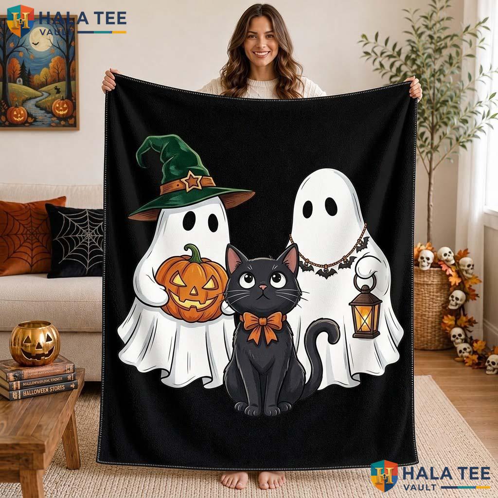 Friendly Ghost Halloween Blanket Cheerful Black Cat Spooky Throw Decor