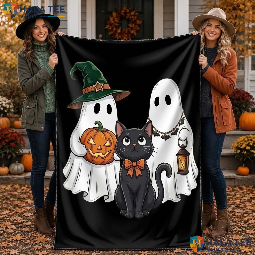 Friendly Ghost Halloween Blanket Cheerful Black Cat Spooky Throw Decor