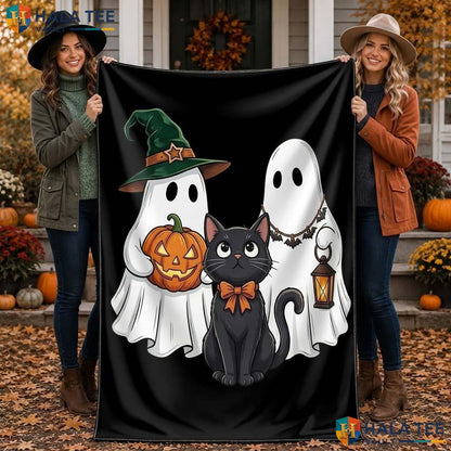 Friendly Ghost Halloween Blanket Cheerful Black Cat Spooky Throw Decor