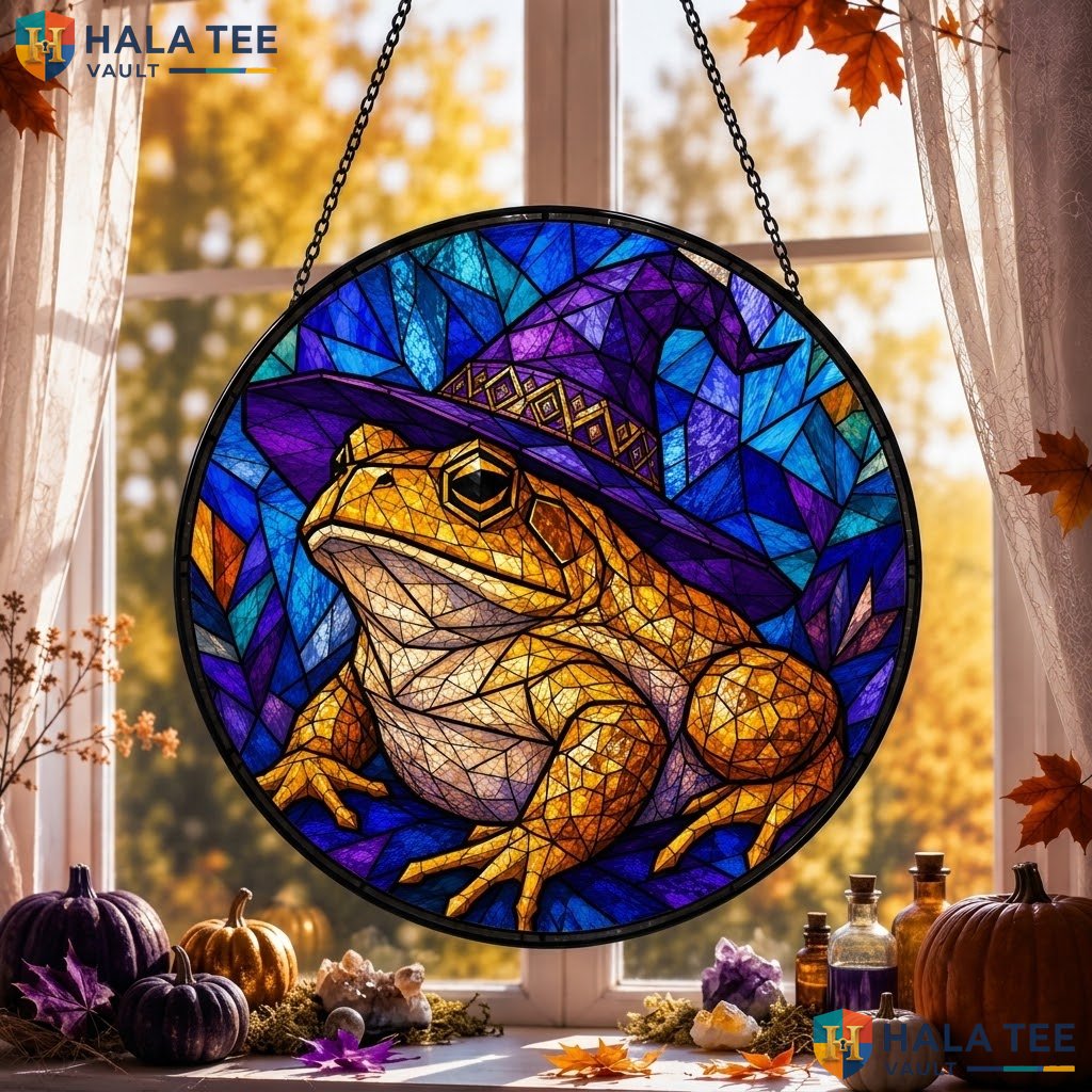 Frog Witch Halloween Stained Glass Suncatcher Whimsical Home Window Ornament