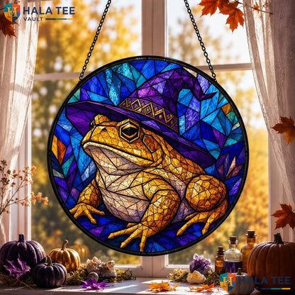 Frog Witch Halloween Stained Glass Suncatcher Whimsical Home Window Ornament