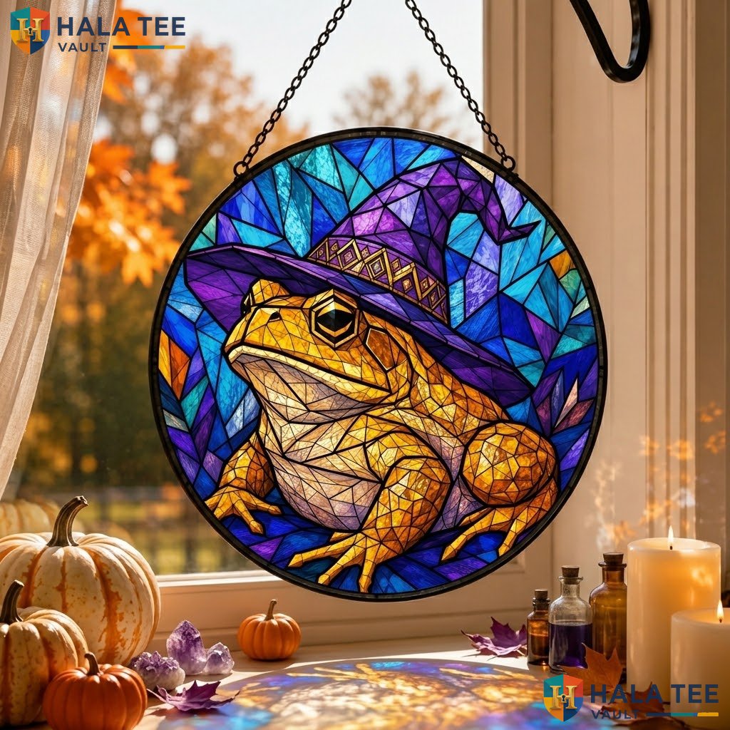 Frog Witch Halloween Stained Glass Suncatcher Whimsical Home Window Ornament Adult