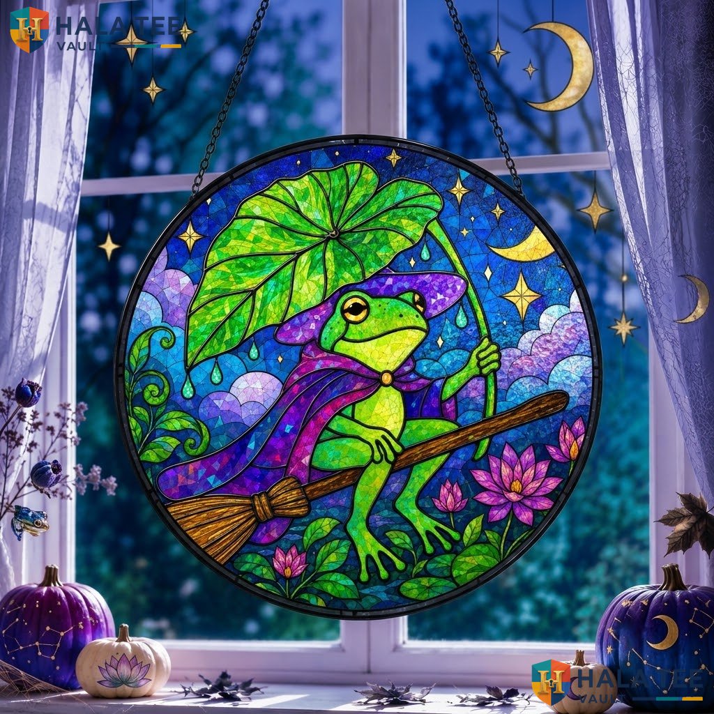 Frog Wizard Halloween Stained Glass Suncatcher Magical Celestial Moon Star Art