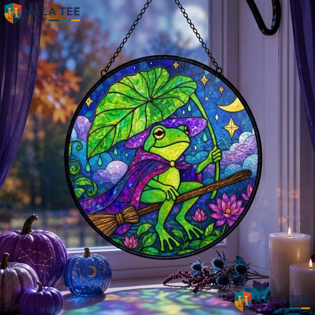 Frog Wizard Halloween Stained Glass Suncatcher Magical Celestial Moon Star Art Adult