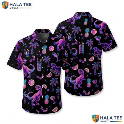 Funky Dinosaur Tropical Hawaiian Shirt Vibrant Neon Palm Tree Cocktail Top