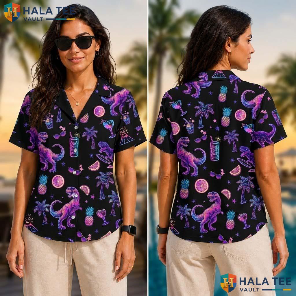 Funky Dinosaur Tropical Tropical Shirt Vibrant Neon Palm Tree Cocktail Top