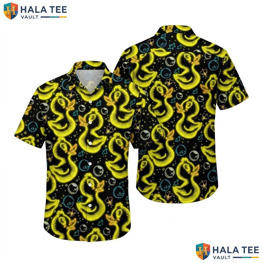 Funky Duck Pattern Hawaiian Shirt Neon Yellow Duck Black Background Apparel