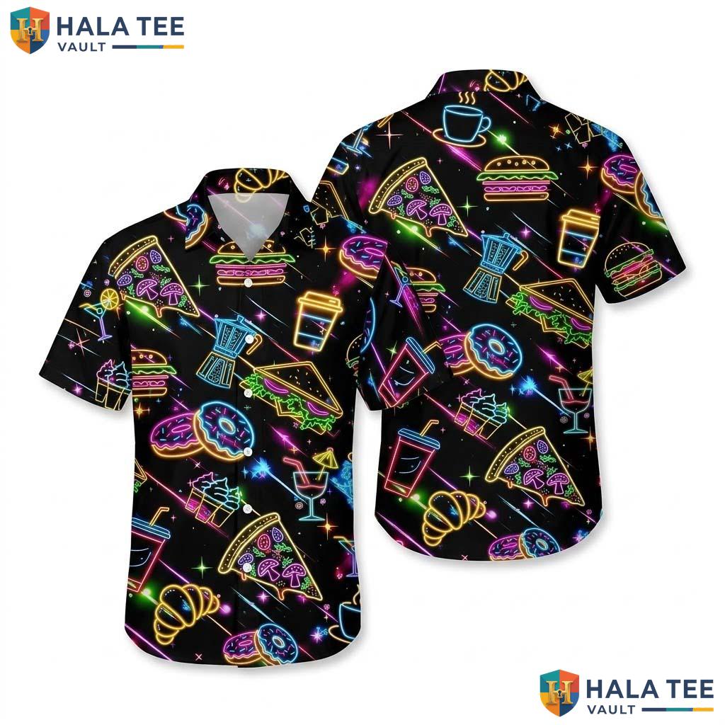 Funky Food Lover Hawaiian Shirt Neon Cartoon Food Print Short Sleeve Button