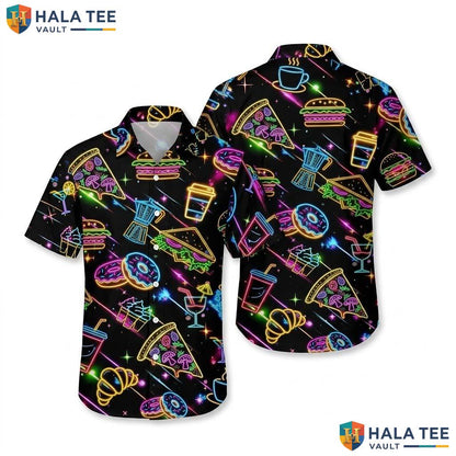 Funky Food Lover Hawaiian Shirt Neon Cartoon Food Print Short Sleeve Button