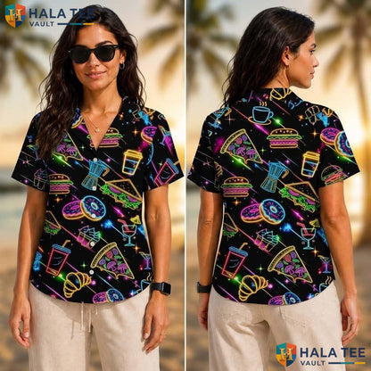 Funky Food Lover Tropical Shirt Neon Cartoon Food Print Short Sleeve Button