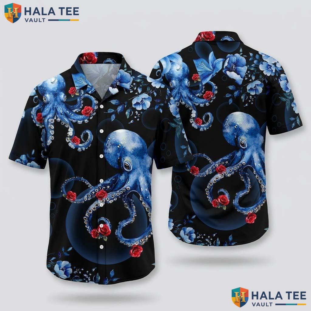 Funky Octopus Floral Hawaiian Shirt Vibrant Blue Red Novelty Button Down Top