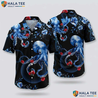 Funky Octopus Floral Hawaiian Shirt Vibrant Blue Red Novelty Button Down Top