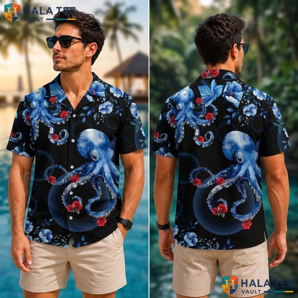 Funky Octopus Floral Tropical Shirt Vibrant Blue Red Novelty Button Down Top