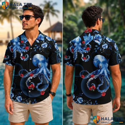 Funky Octopus Floral Tropical Shirt Vibrant Blue Red Novelty Button Down Top