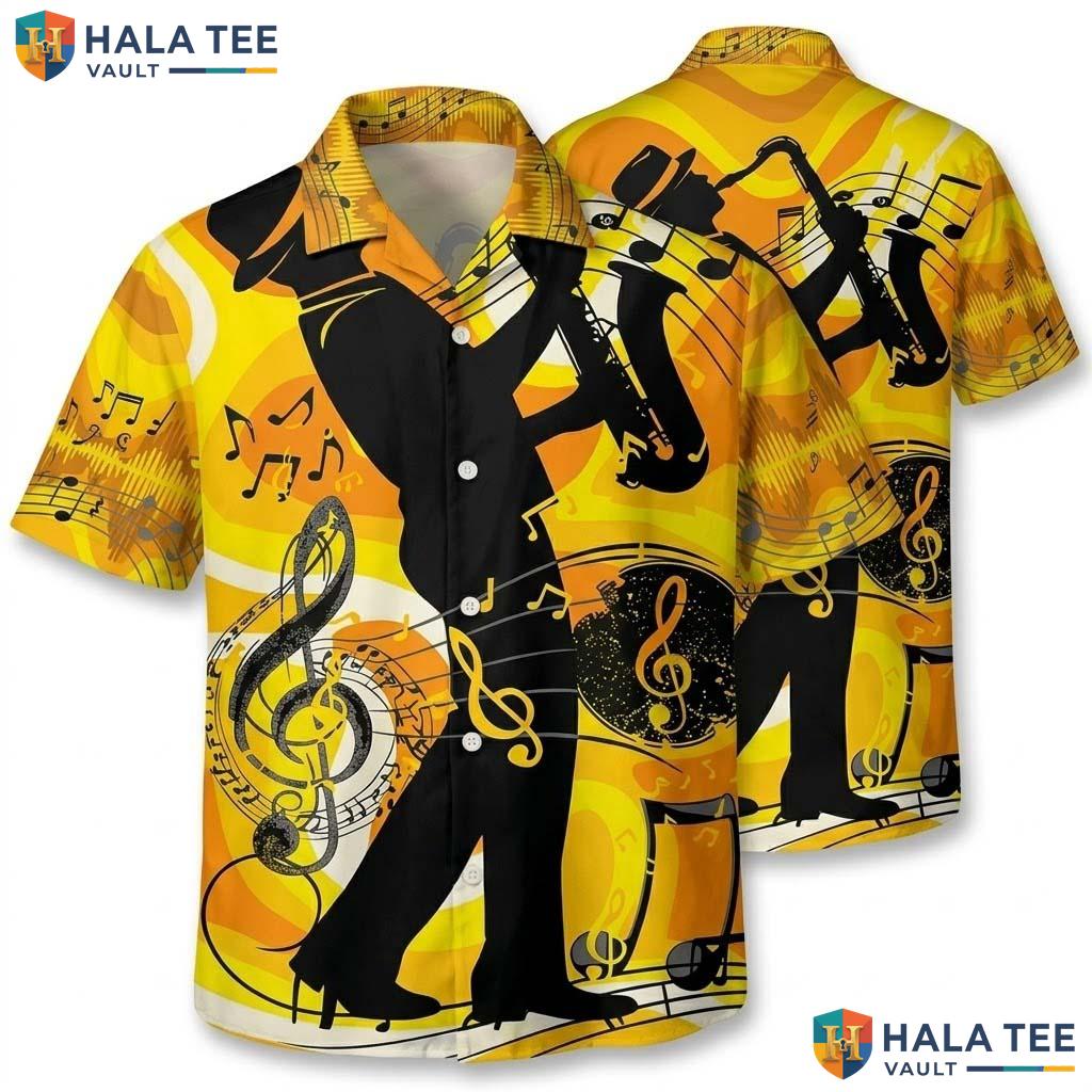Funky Saxophonist Aloha Shirt Vibrant Music Note Print Casual Button Down
