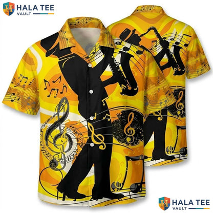 Funky Saxophonist Aloha Shirt Vibrant Music Note Print Casual Button Down
