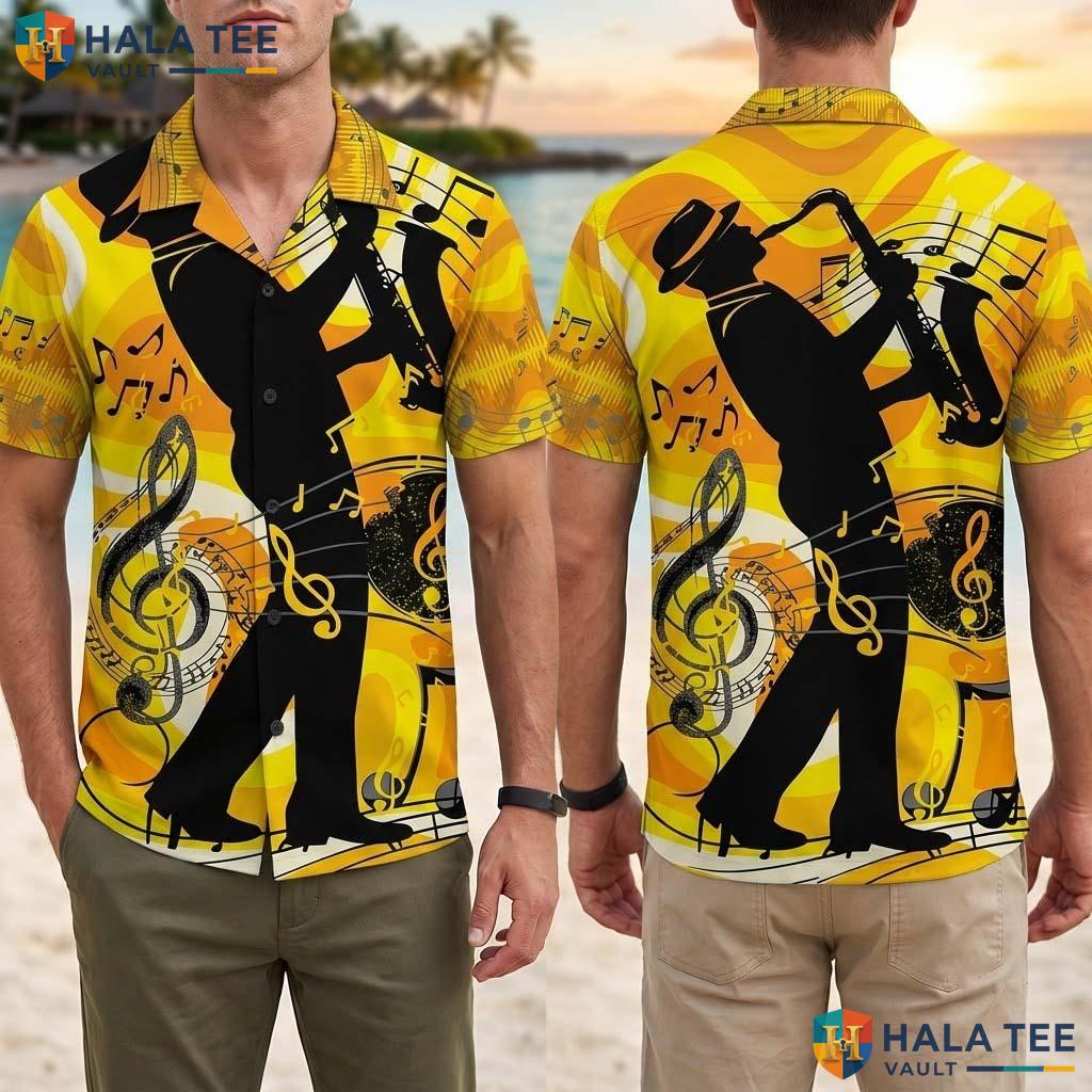 Funky Saxophonist Tropical Shirt Vibrant Music Note Print Casual Button Down