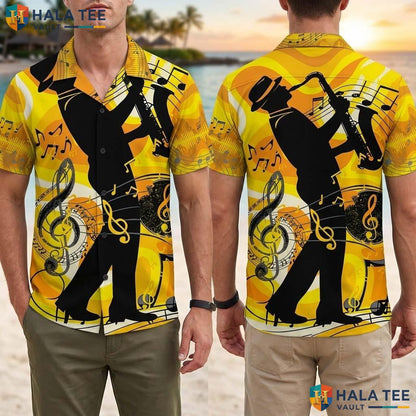 Funky Saxophonist Tropical Shirt Vibrant Music Note Print Casual Button Down