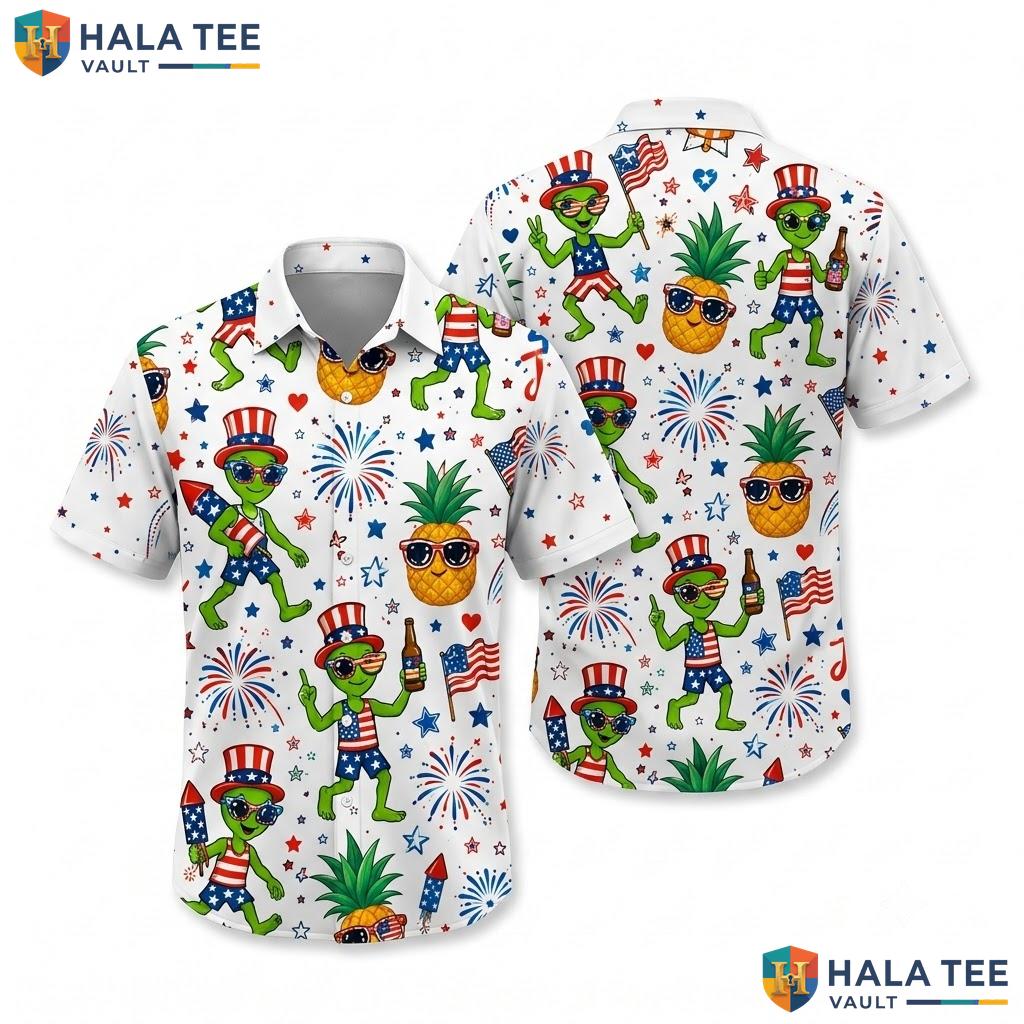 Funny Alien Dance Hawaiian Shirt Vibrant Pineapple Patriotic Festival Top