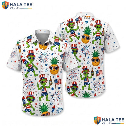 Funny Alien Dance Hawaiian Shirt Vibrant Pineapple Patriotic Festival Top