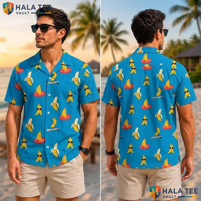 Funny Banana Beach Tropical Shirt Colorful Cartoon Sunglasses Summer Button