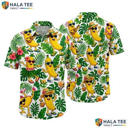 Funny Banana Tropical Aloha Shirt Multicolored Short Sleeve Button Down Top