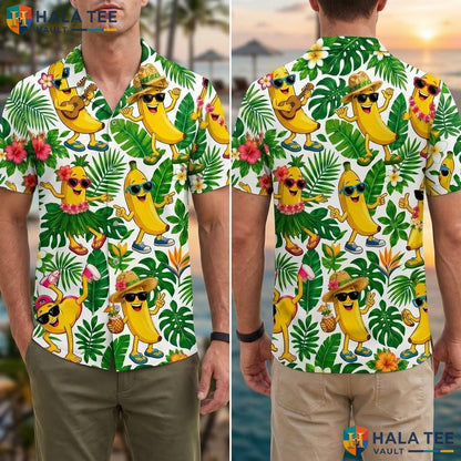 Funny Banana Tropical Aloha Shirt Multicolored Short Sleeve Button Down Top Adult