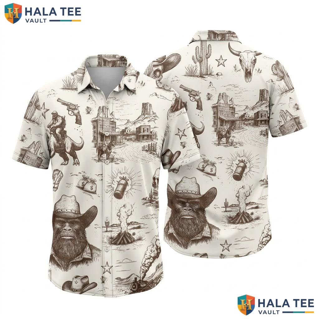 Funny Bear Cowboy Hawaiian Shirt Beige Vintage Western Print Casual Top