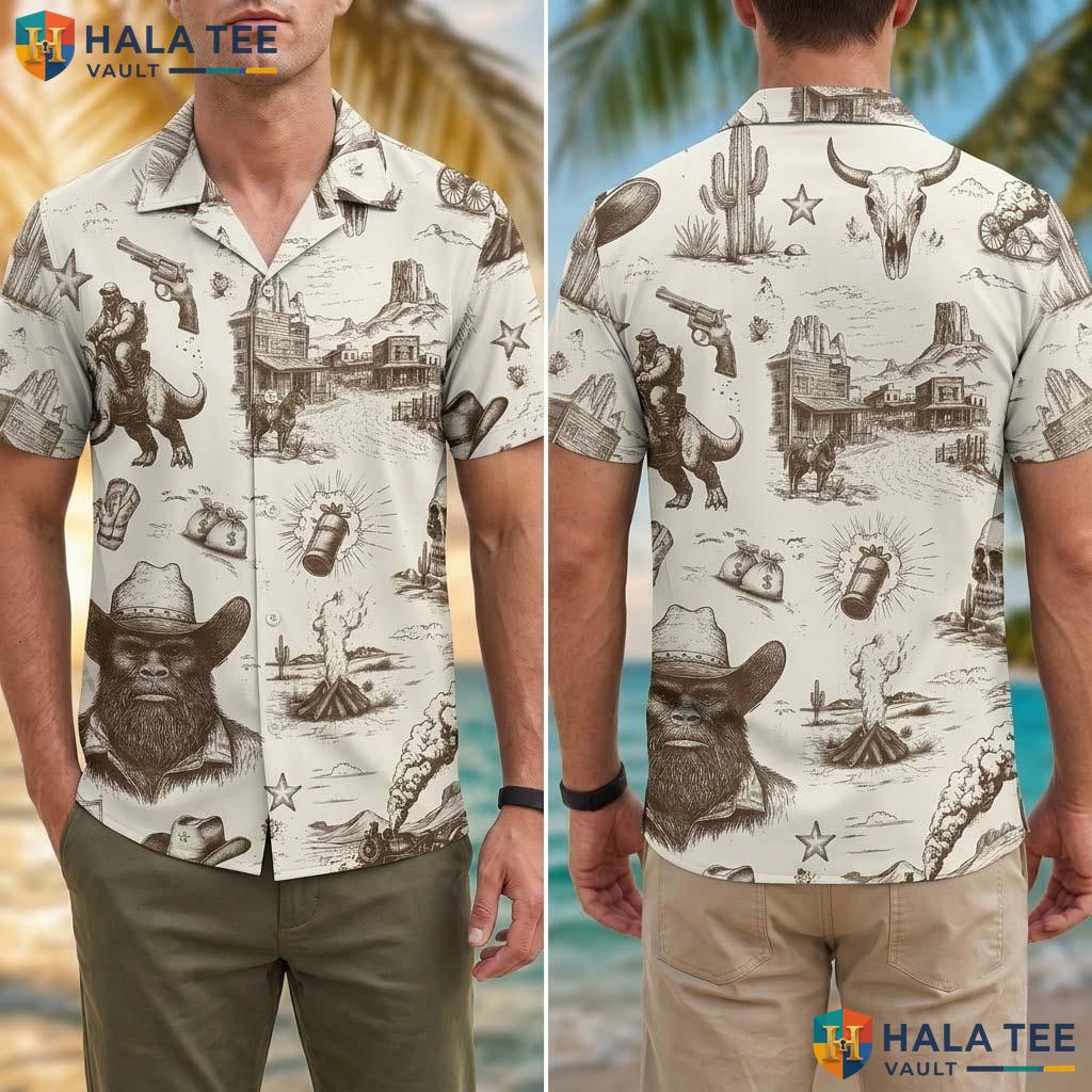 Funny Bear Cowboy Hawaiian Shirt Beige Vintage Western Print Casual Top Adult