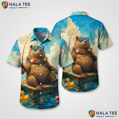 Funny Beaver Fishing Hawaiian Shirt Vibrant Graphic Short Sleeve Apparel
