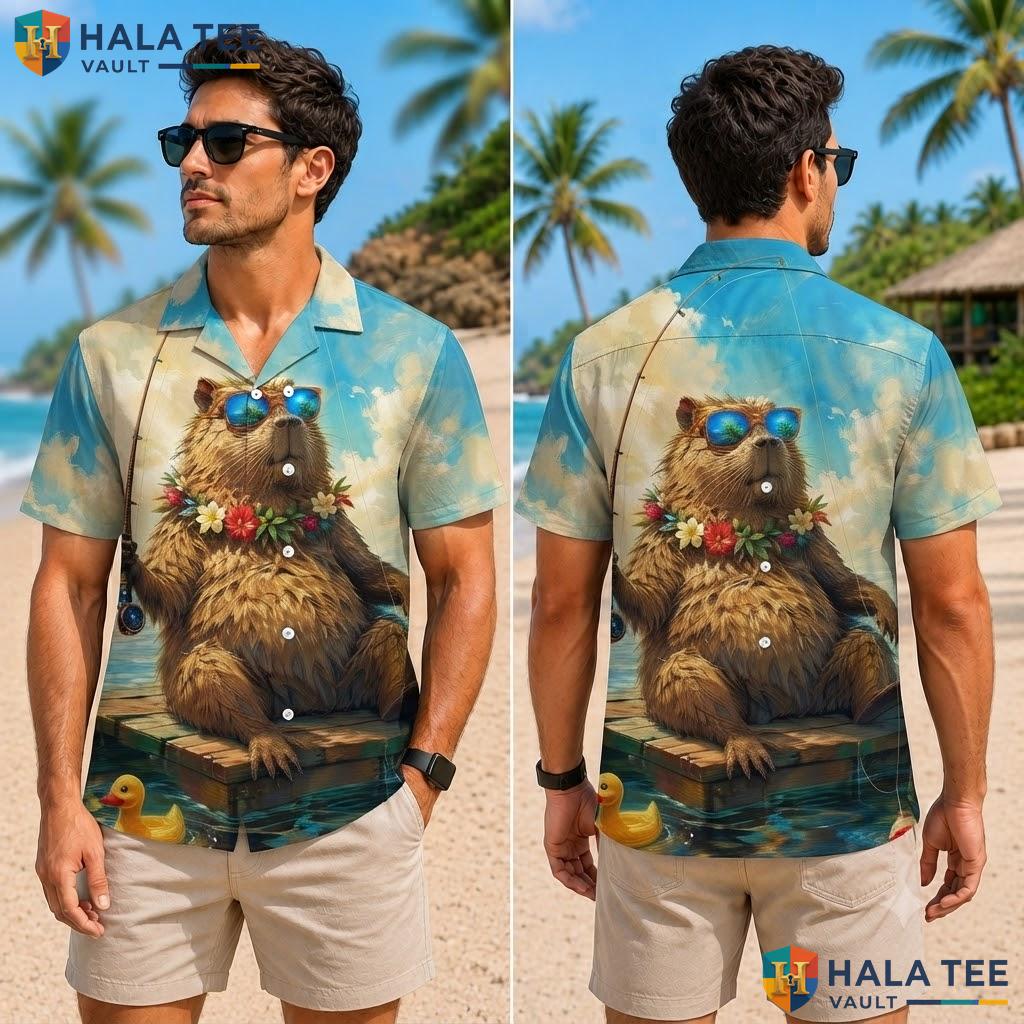 Funny Beaver Fishing Hawaiian Shirt Vibrant Graphic Short Sleeve Apparel Adult