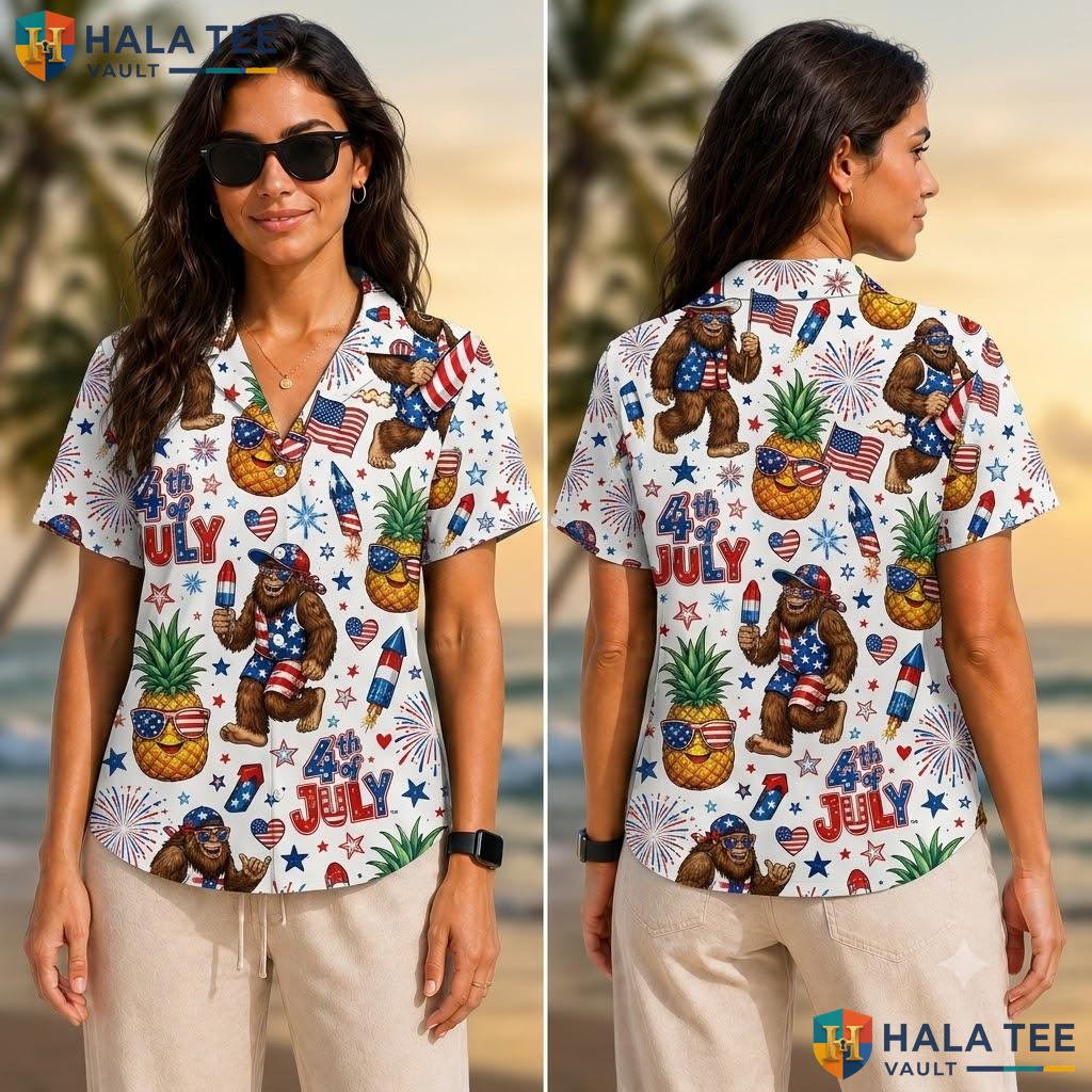 Funny Bigfoot Aloha Hawaiian Shirt Vibrant Festival Pineapple Firework Adult