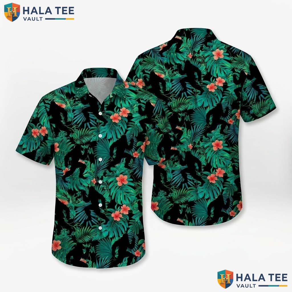 Funny Bigfoot Floral Hawaiian Shirt Vibrant Green Tropical Outdoor Button Up