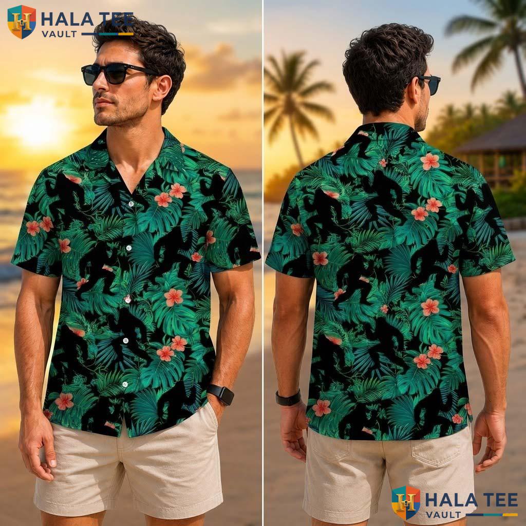 Funny Bigfoot Floral Tropical Shirt Vibrant Green Tropical Outdoor Button Up