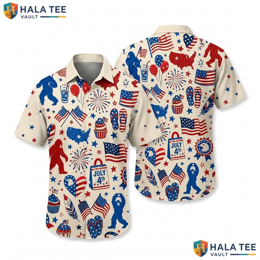 Funny Bigfoot Independence Hawaiian Shirt Firework Flag Mens Beachwear