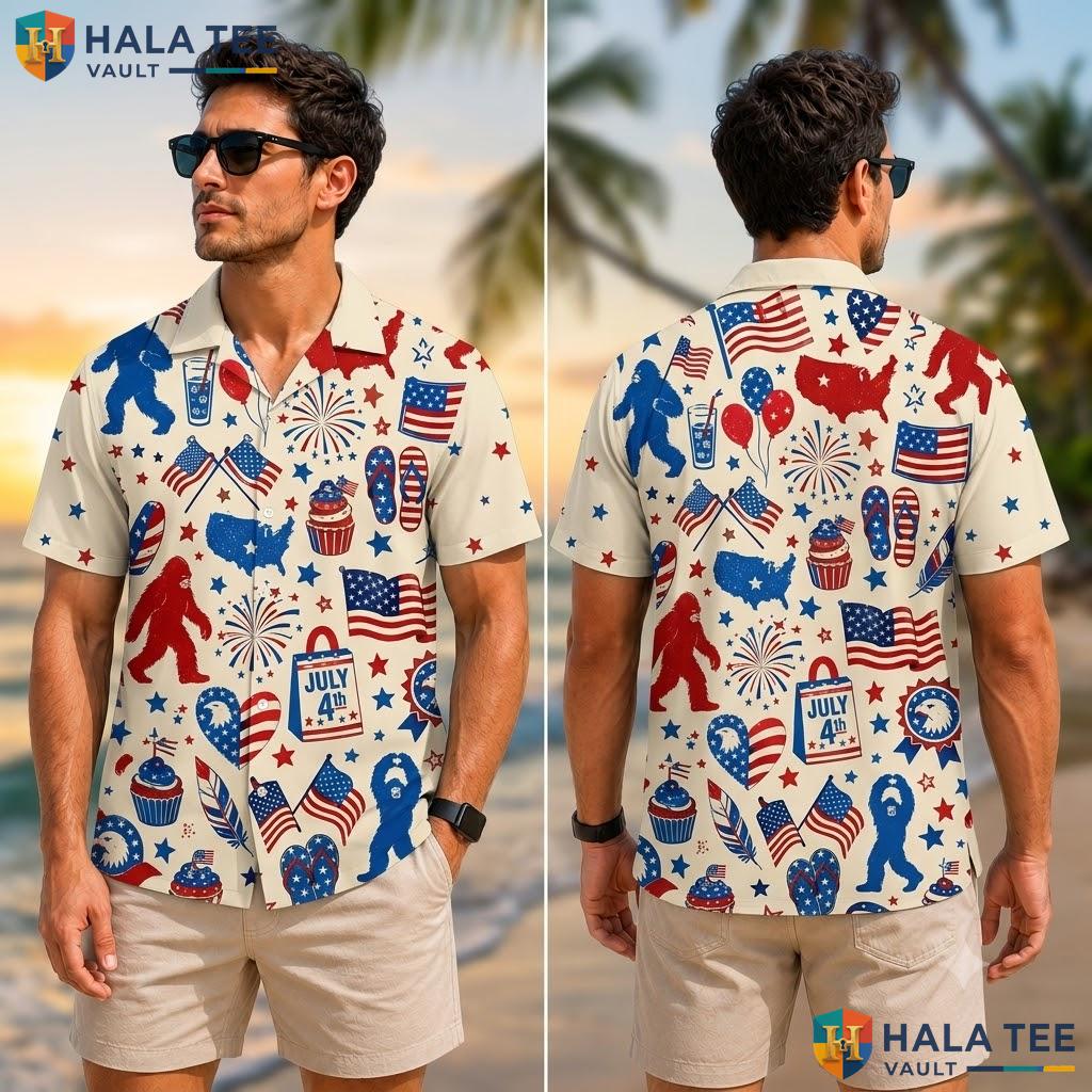 Funny Bigfoot Independence Hawaiian Shirt Firework Flag Mens Beachwear Adult