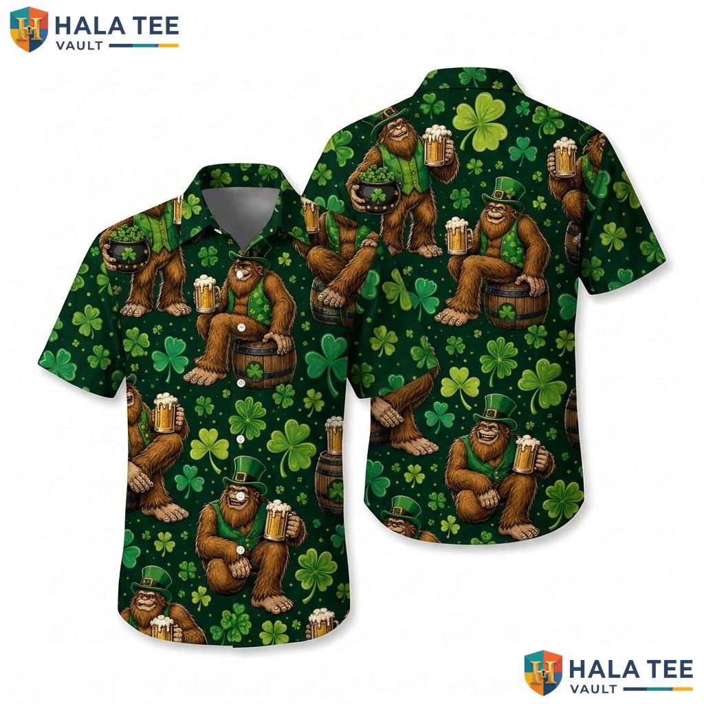 Funny Bigfoot St Patricks Hawaiian Shirt Festive Leprechaun Summer Wear