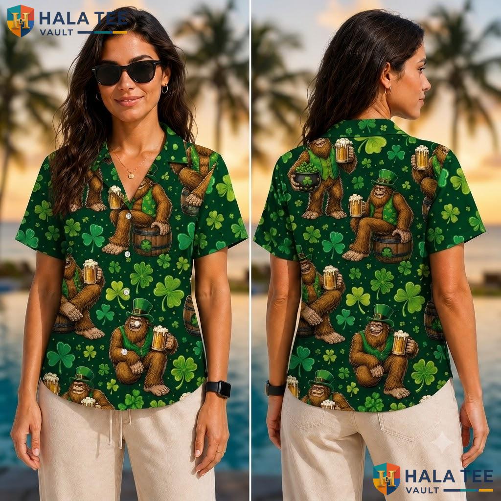 Funny Bigfoot St Patricks Hawaiian Shirt Festive Leprechaun Summer Wear Adult