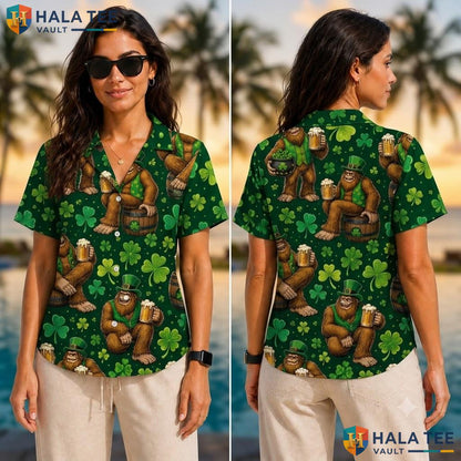 Funny Bigfoot St Patricks Hawaiian Shirt Festive Leprechaun Summer Wear Adult