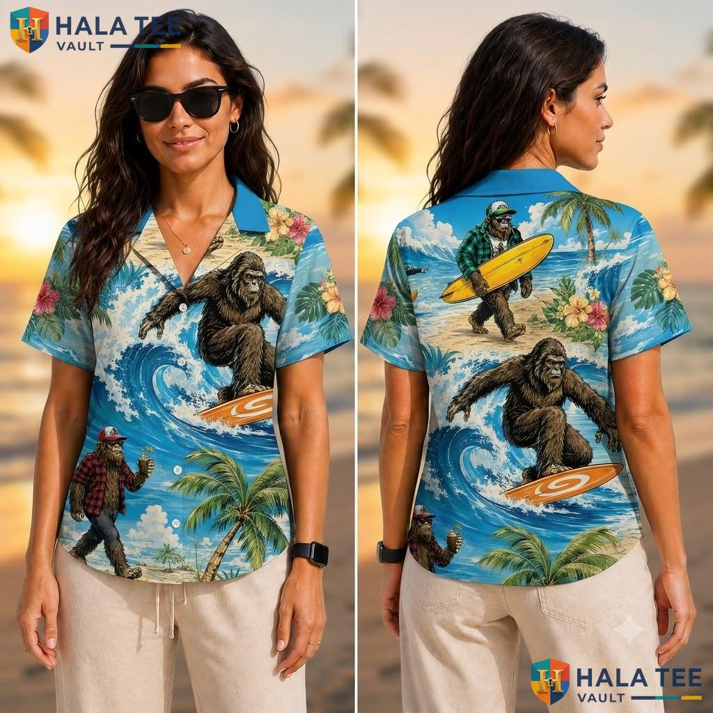 Funny Bigfoot Surfing Aloha Shirt Tropical Graphic Button Down Mens Top Adult