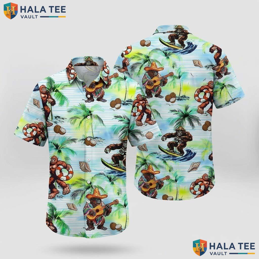 Funny Bigfoot Surfing Hawaiian Shirt Tropical Green Novelty Button Down Top