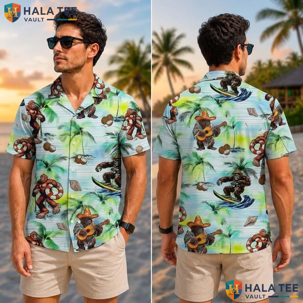 Funny Bigfoot Surfing Tropical Shirt Tropical Green Novelty Button Down Top